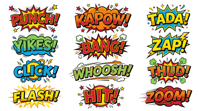 Classic comic book action words and sound effect bubbles.
