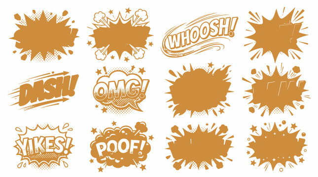 Brown silhouette comic book cloud and sound effect set.