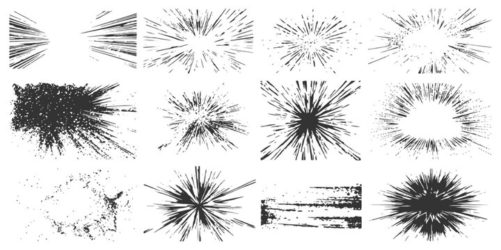 Collection of monochrome retro comic style speed lines radial sunbursts and grunge explosion textures vector illustration.
