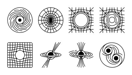 Abstract Black Hole Icons, Cosmic Phenomena Vector Set, Gravitational Distortion Graphics © Halim