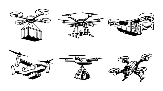 Drone Delivery Icons Set: Quadcopter, Hexacopter, VTOL Aircraft, Cargo Drones, Aerial Transport