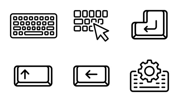 Computer Keyboard Icons, Cursor, Enter Key, Shift, Backspace, Settings Gear Vector Set