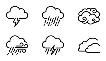 Obraz premium Weather Icons Set: Stormy Clouds, Rain, Lightning, Wind, Thunderstorm, Overcast Sky
