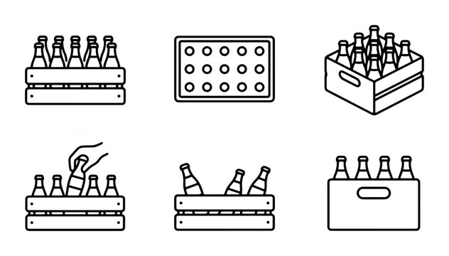 Beer Crate Icons, Beverage Container Line Art, Alcohol Pack Vector Set