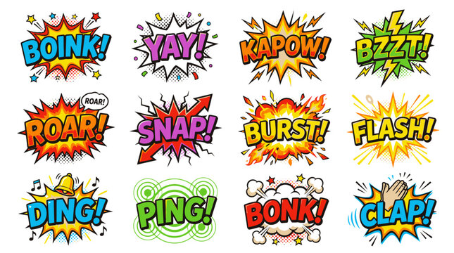 Cartoon comic sound effects stickers with various action words.