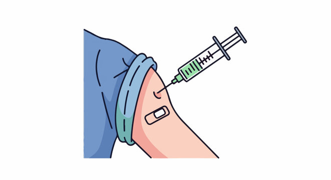 A person receives an injection in their arm, which has a bandage