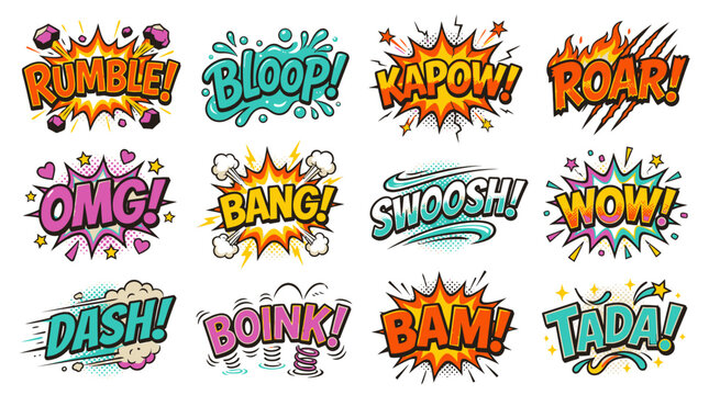 Cartoon onomatopoeia rumble bloop kapow and roar bubble set