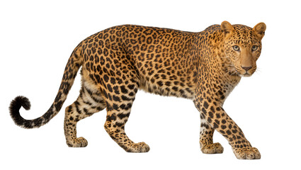 Naklejka premium Leopard walking with spotted fur and green eyes