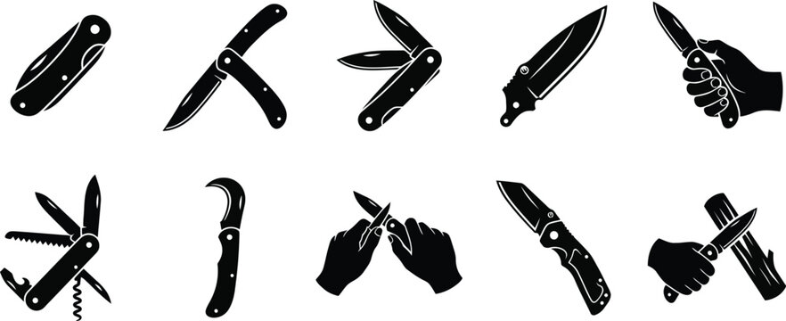 Pocket Knife Icon Set, Folding Blade Tools for Camping and Gardening, Vector Illustration of Utility Knives in Various Positions and Hand Usage, Simple Flat Silhouette Design for Outdoor Adventure Gea