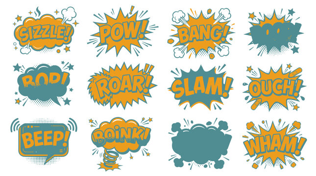 Retro comic sound effect stickers with halftone patterns.