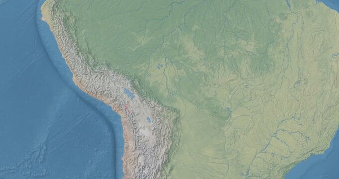 Bolivia on Globe. Zoom into the country with Earth spinning on dark background. Physical world map with Bolivia and label on it. Country view animation.