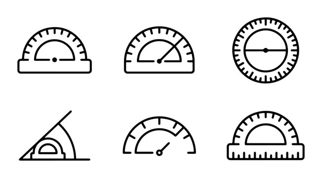 Geometric Measurement Tools: Protractor, Angle Finder, Circular Gauge Icons Set