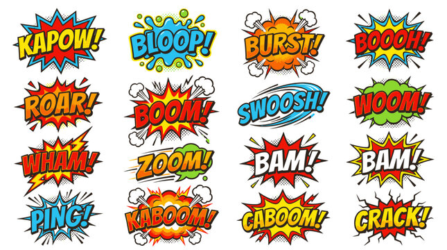 Variety of comic book sound effects and explosion bubbles.