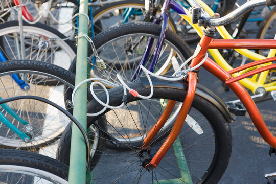 High angle view of bicycles parked in a parking