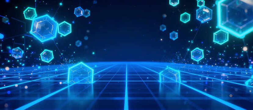 Futuristic Blue Abstract Digital Background with Geometric Shapes and Glowing Elements