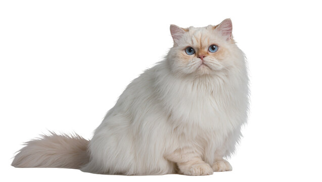 Fluffy white Persian cat with blue eyes sitting