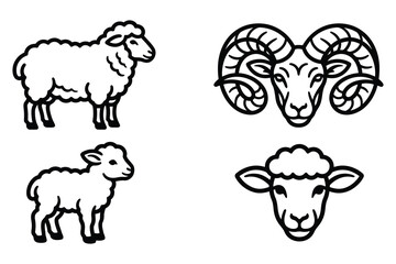Obraz premium Black line drawings of sheep and ram heads in various poses and views