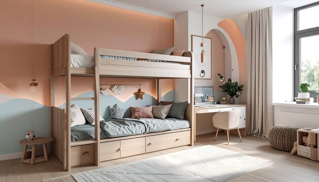 Cozy kids room bunk bed, desk, natural light, peach & teal color palette, inviting space, playful decor