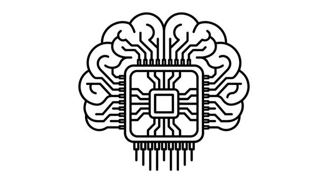 Brain icon with embedded computer processor and circuit pins.