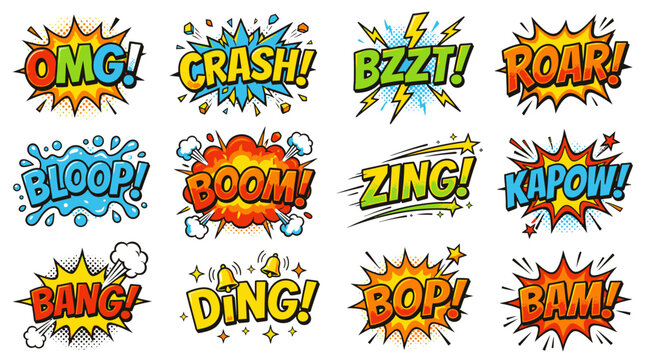 Retro comic speech bubbles with boom and crash effects.