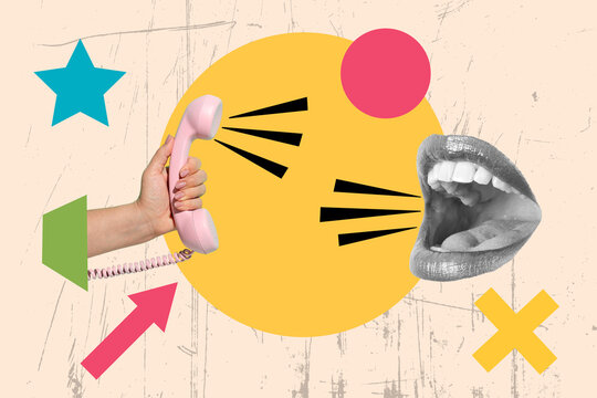 Collage de una mano de mujer sosteniendo un telefono junto a una boca abierta de mujer sobre un fondo beige claro. Vista de frente y de cerca. Copy space
