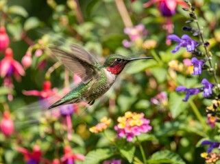 Fototapeta premium Ruby-throated Hummingbird in Flight Among Vibrant Garden Flowers.