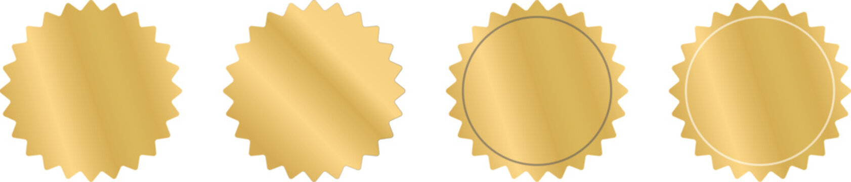 Golden seal vector set, blank gold stamp medals with starburst borders and circular frames for quality guarantee, certification, and award labels