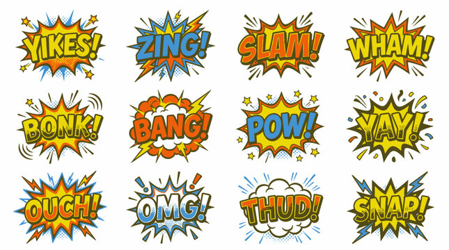 Modern comic book sound effect text bubbles collection.