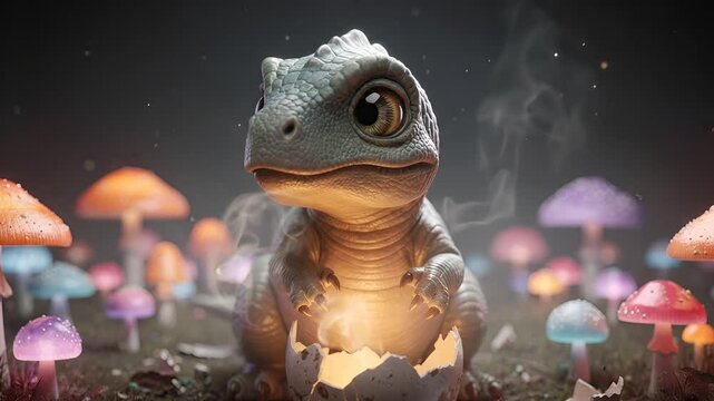 Bioluminescent fantasy creature hatching from egg amid glowing mushrooms in an enchanted forest setting