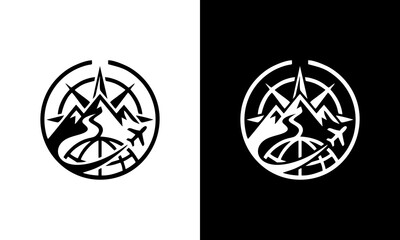 Adventure travel emblem with mountain, airplane, and compass for exploration and journey themes © inka
