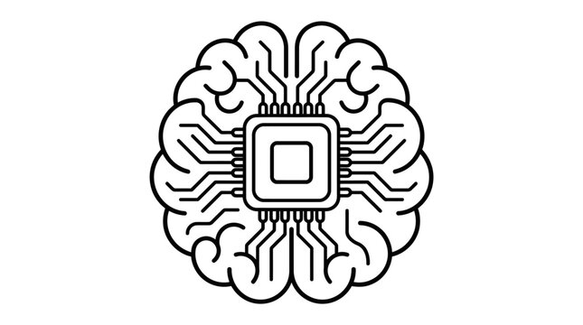 Brain with central microprocessor chip line art icon.