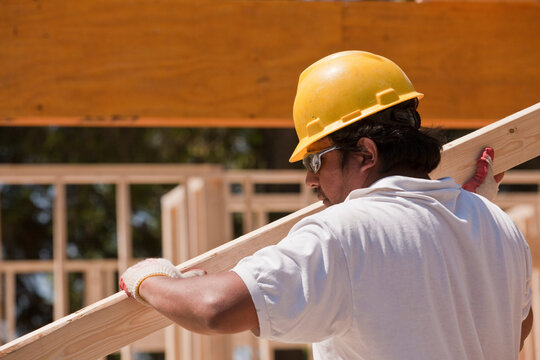 Carpenter carrying a wall stud