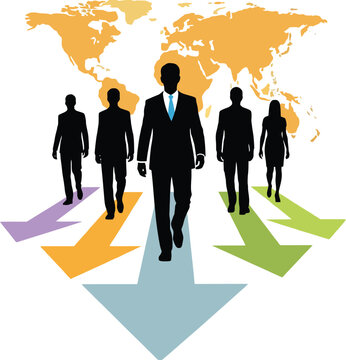 Global business team leadership concept with world map background