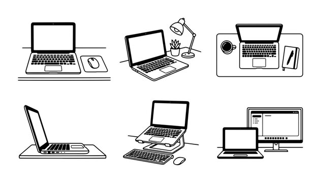 Laptop Workspace Illustrations: Modern Desk Setup, Computer Icons, Digital Device Collection