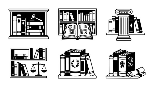 Law Books Vector Icons, Legal Library Shelves, Justice Scales & Gavel Set