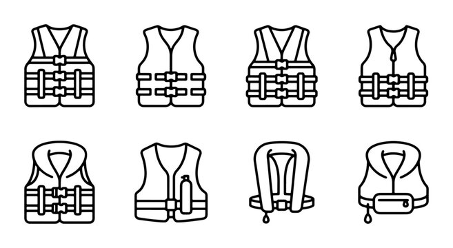 Life Vest Icons, Safety Buoyancy Aid Vector Set, Marine Water Sport Gear Collection