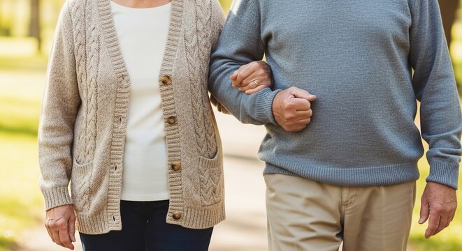 Elderly couple walking arm in arm outdoors. The image conveys companionship, healthy aging and mutual support in later life