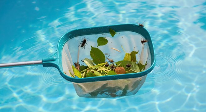 Pool cleaning brush with long handle removing debris from blue water. The image conveys swimming pool maintenance, hygiene and outdoor care.