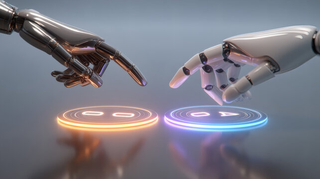 composition of robotic arm and human hand centered on reflective surface holding dual glowing shields, binary digits float upward while soft neon hues illuminate scene, blurred background adds 