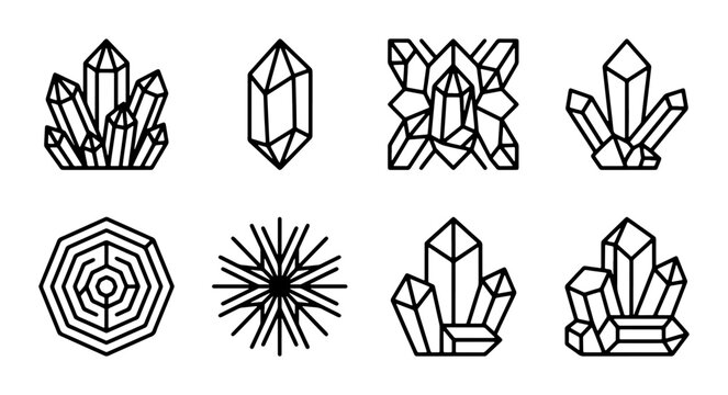 Geometric Crystal Icons Set, Mineral Gemstone Vector Graphics, Abstract Faceted Shapes Collection