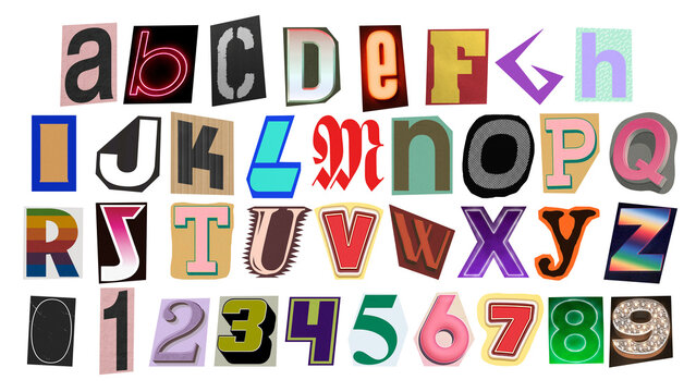 Ransom style Halloween alphabet, spooky cut-out letters collage for horror design
