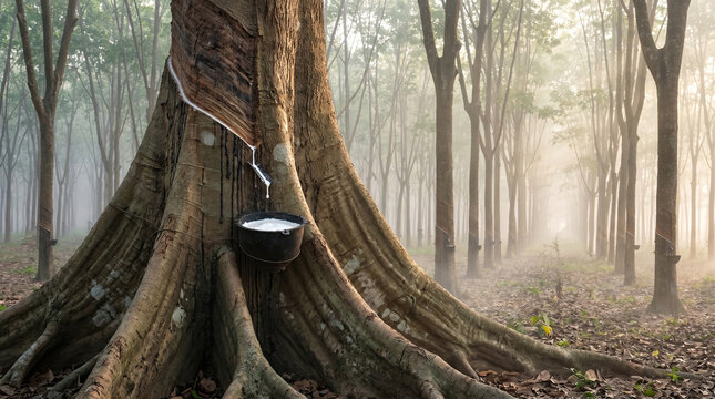Rubber tree with tapping cup in misty forest. The image conveys natural latex harvesting, plantation work and sustainable raw material production