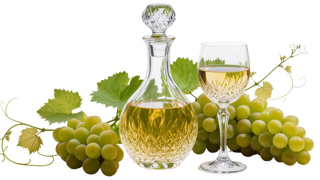 Crystal decanter and wine glass filled with white wine beside green grapes and leaves