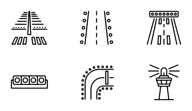 Airport Runway Lights & Control Tower Icons, Aviation Navigation Symbols, Airfield Safety Graphics