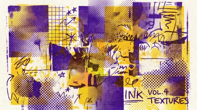 Vibrant purple and yellow abstract art with mixed media textures and patterns