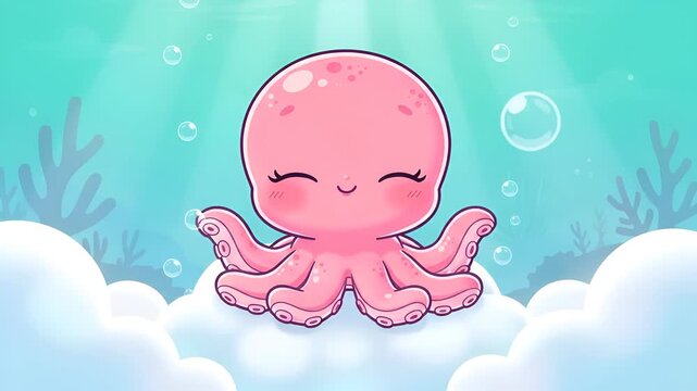 Cheerful pink cartoon octopus swimming in turquoise water with bubbles and sea plants