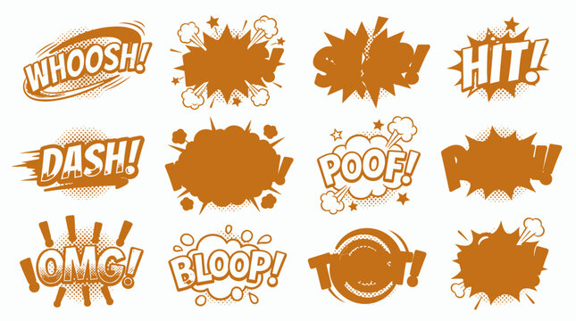 Monochrome orange comic book sound effects and explosion bubbles set.
