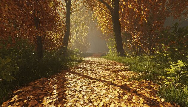A peaceful forest path covered in golden autumn leaves, inviting exploration and reflection, 