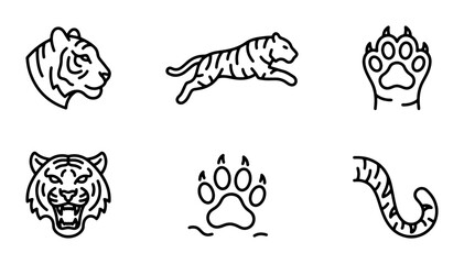 Tiger Icons Set, Wild Cat Vector Graphics, Animal Paw Prints, Jungle Predator Line Art Collection © Mizan