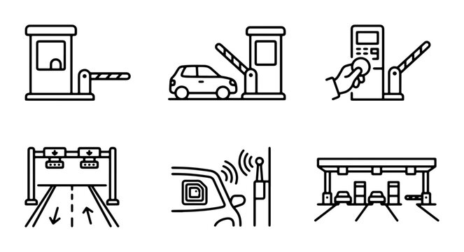 Toll Booth Icons, Automated Payment Systems, Roadside Infrastructure, Traffic Control Vector Set